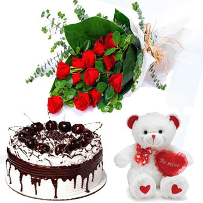 Teddy+12 Roses+1/2kg Blackforest Cake